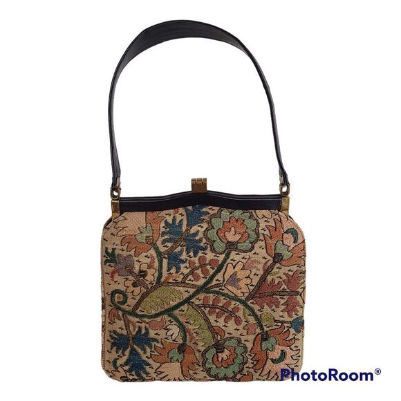 Vintage Floral Carpetbag Tapestry Needlepoint Embroidered Clasp Purse With Strap - Picture 1 of 15